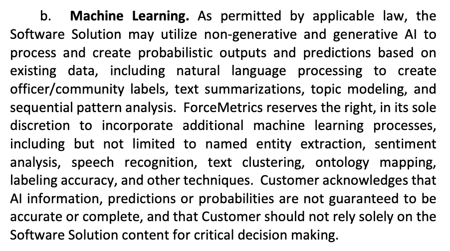 A screenshot of ForceMetrics' Machine Learning clause in its proposed contract with the City of Sparks.
