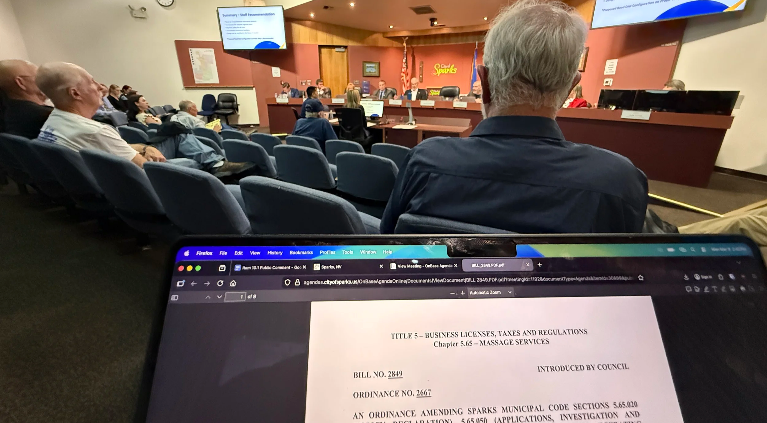 Sparks City Hall Legislative Chamber on March 9th, 2026, showing Bill 2849 on a laptop screen.