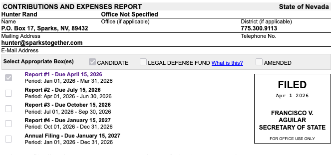 A screenshot of the header for Hunter Rands campaign contributions and expenditures report.