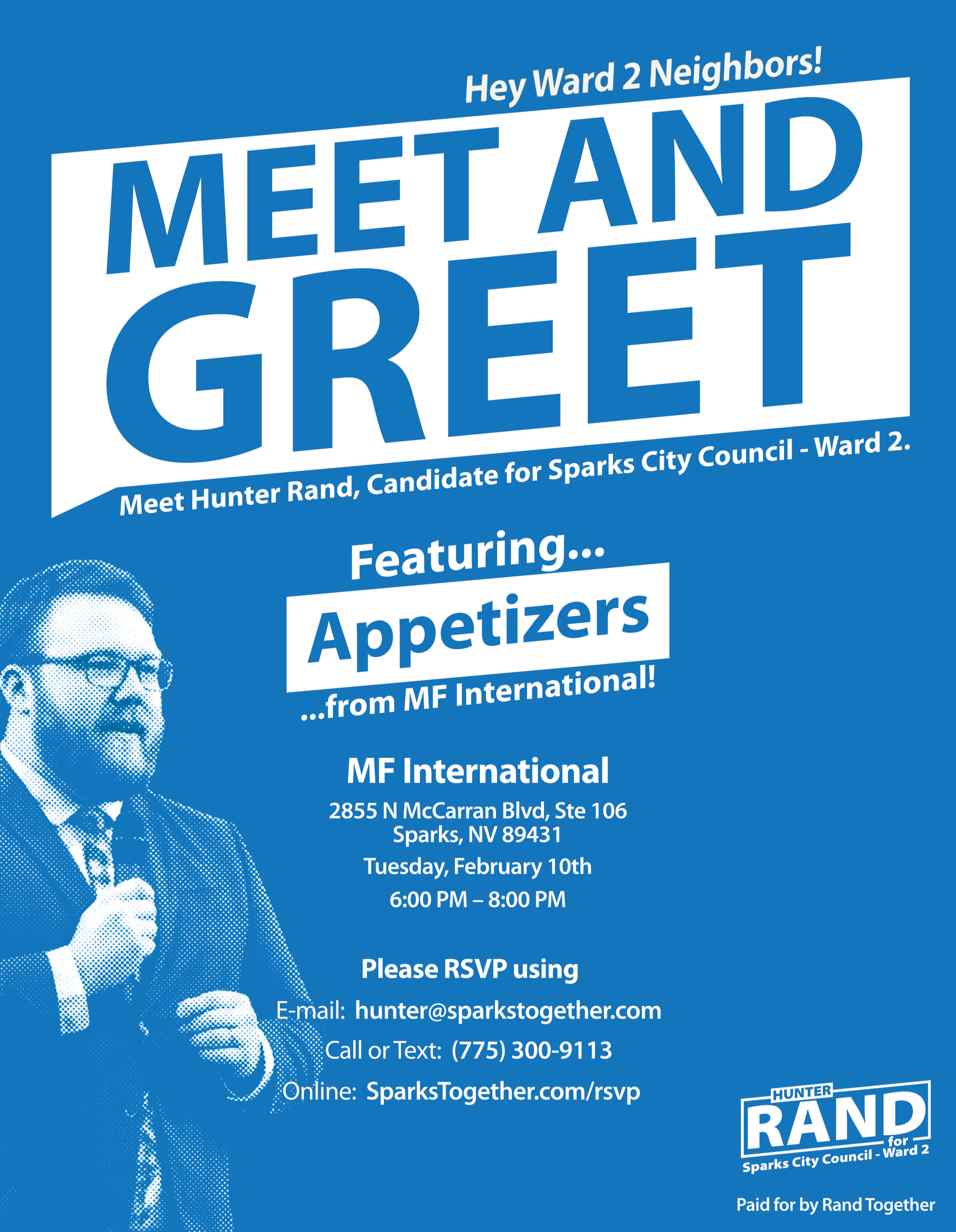 Flyer for a meet and greet event with Hunter Rand, a candidate for Sparks City Council Ward 2. Features a photo of Rand holding a microphone, with event details including date, time, location, RSVP instructions, and campaign information.