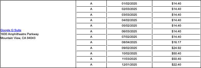 A screenshot of my opponent's campaign contributions and expenditure report highlighting expenses pertaining to G-Suite.