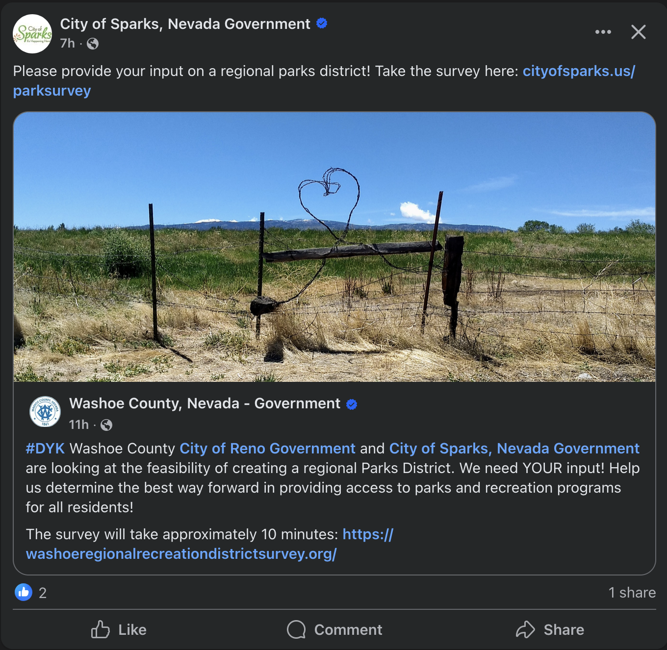 A screenshot of a Facebook post showing the City of Sparks reposting a Washoe County post telling people to take the regional park district survey.