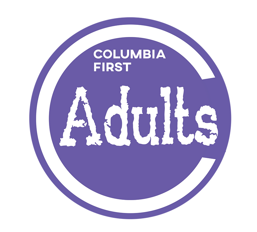Purple circular logo with the words "Columbia First Adults" in white text.