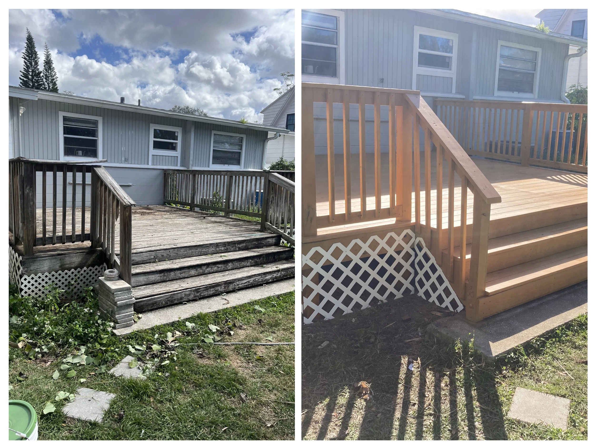 Comparison of two backyard decks: the left deck is weathered and worn, with grayish wood, while the right deck is new with fresh, light-colored wood.