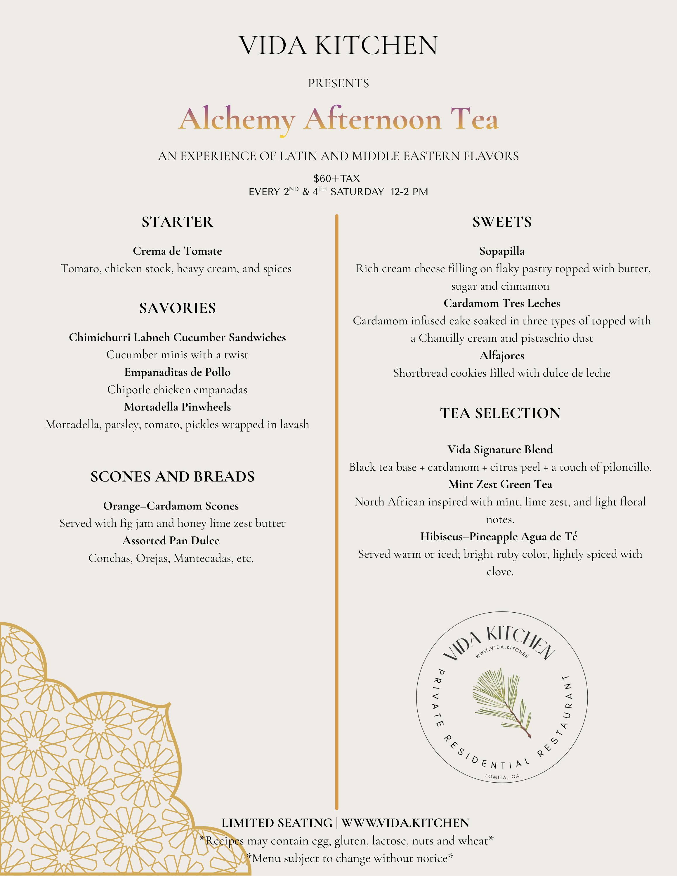Menu for Vida Kitchen's Alchemy Afternoon Tea featuring Latin and Middle Eastern flavors, including starters, savories, scones and breads, and sweets, with tea options and pricing.