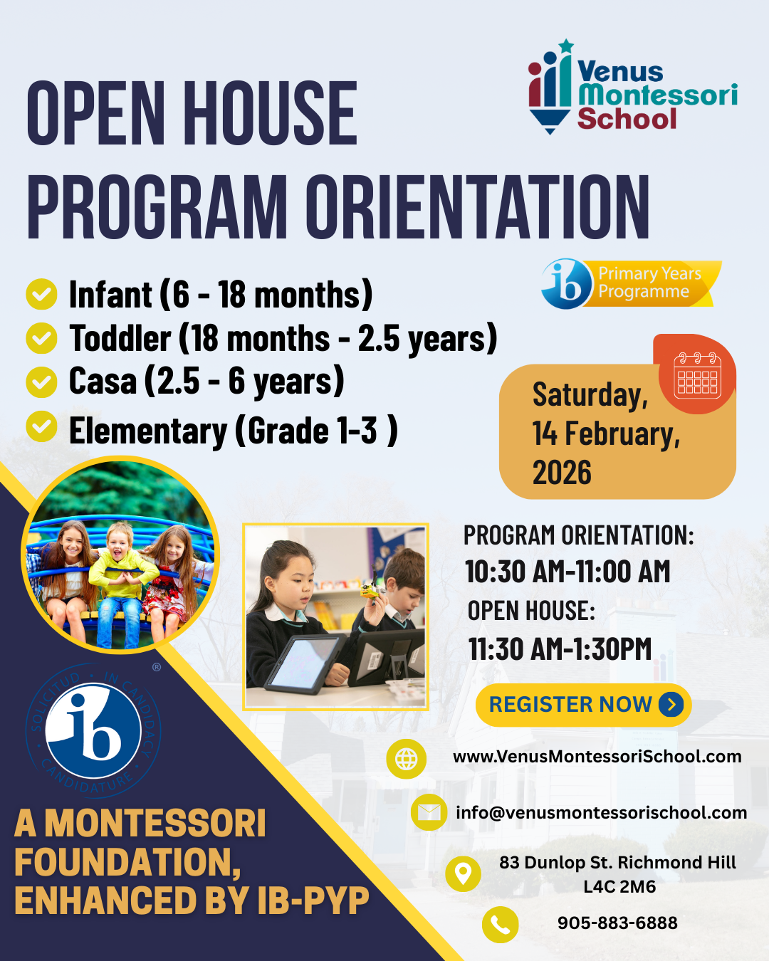 Venus Montessori School Open House in Richmond Hill (Feb 14, 2026): Program Orientation + IB-PYP Candidacy Update