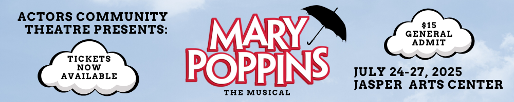 1000x200 size website banner ad to promote ticket sales of Mary Poppins: The Musical.