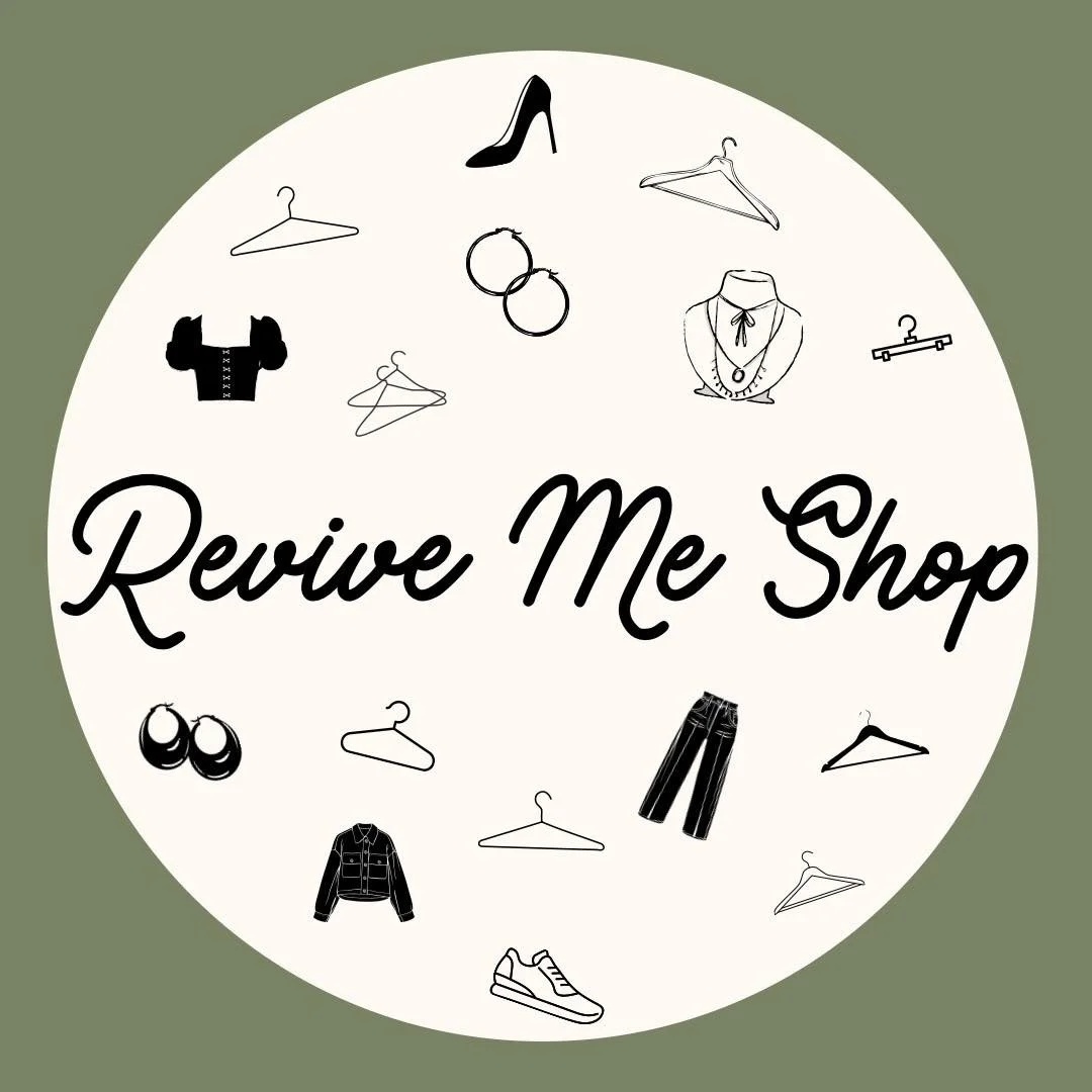 Newly branded logo for Revive Me Shop, that resells clothing, shoes, and jewelry. Went from a plain royal blue design, to something with more earthy-tones and that indicates the target product.