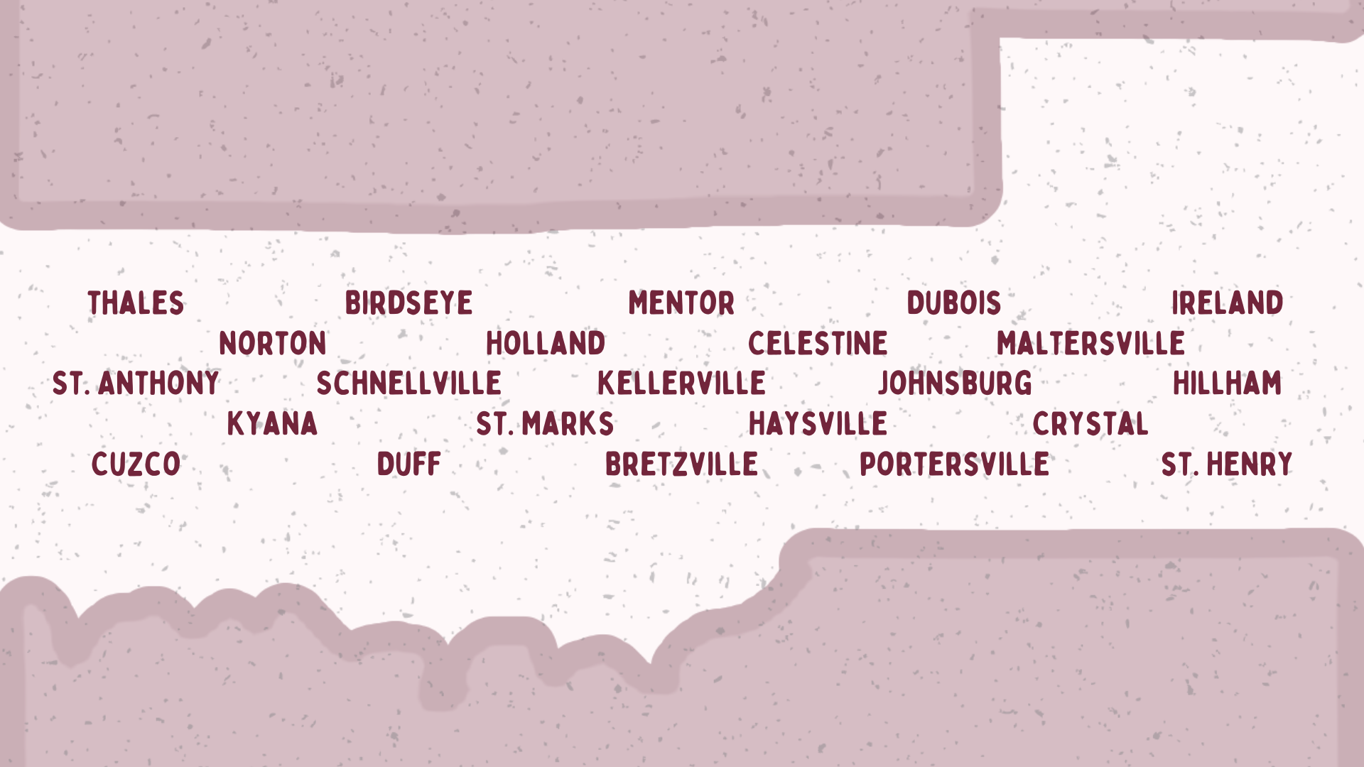 Header image for the above mentioned Small Town Communities of Dubois County, which has the same style and font, utilizes the county shape as the boarder, and features all the small towns of the target area.