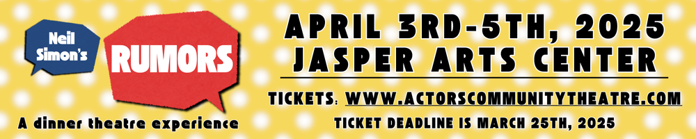 1000x200 size website banner ad to promote ticket sales of Neil Simon's Rumors.