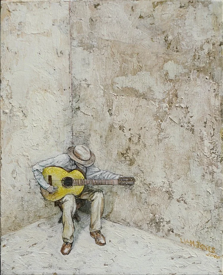 Seated Guitarist - Acrylic and Multimedia on MDF, 2007, 15 x 17"