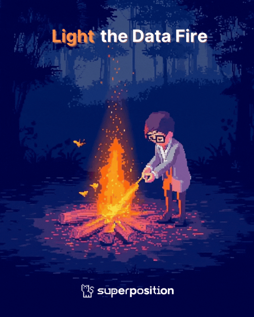 Pixel art image of a person in glasses and a jacket tending to a campfire in a forest with a background of trees and night sky, with the words "Light the Data Fire" and the logo "superposition" to link to a detailed recap of our work for Data Culture