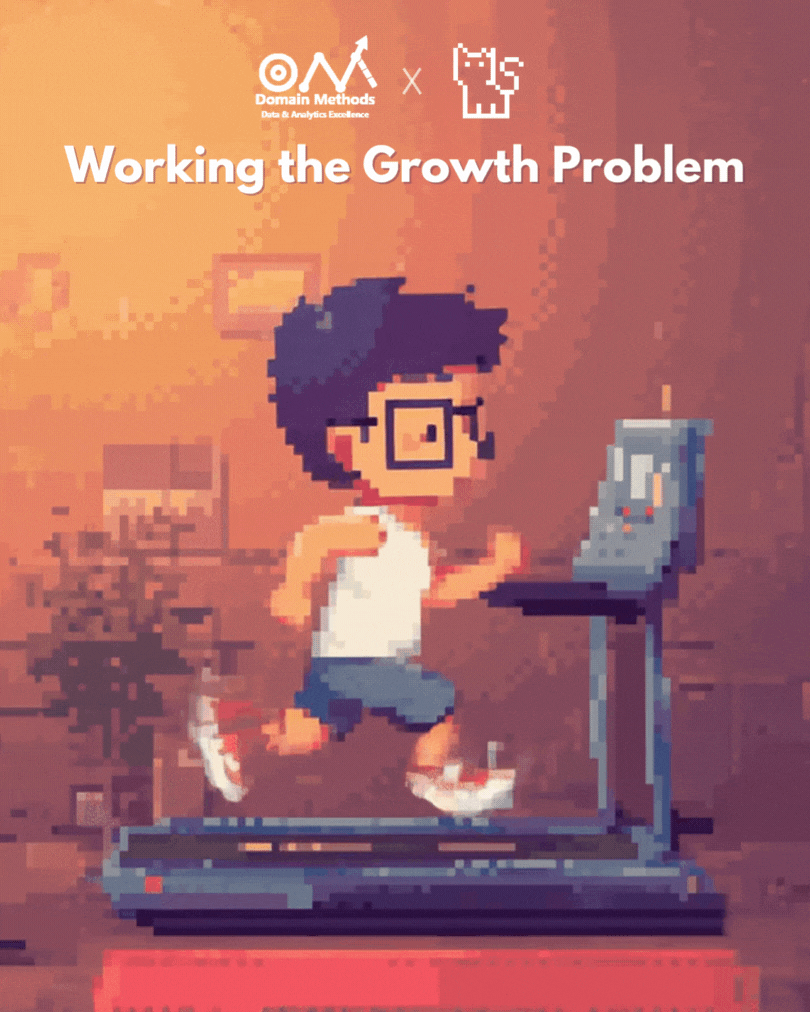 Pixel art illustration of a young person with black hair, glasses, and a white sleeveless shirt running on a treadmill while looking at a computer screen, with a plant in the background to showcase a recap of our GTM strategy work with Domain Methods