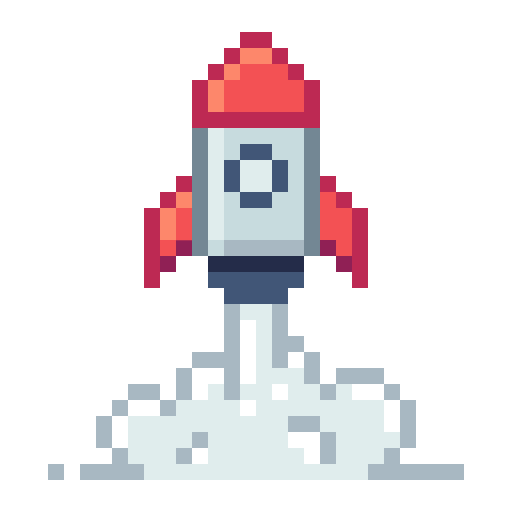 Pixel art rocket launching with smoke and fire to describe one of Superposition's services, our ability to identify opportunities to grow and scale your consultancy through our workshops