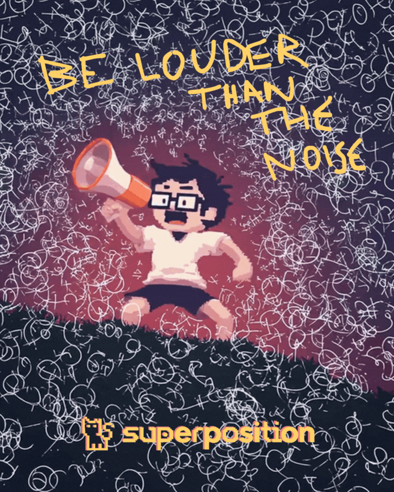 A picture of our mascot for Superposition screaming into a microphone to direct you to read our blog