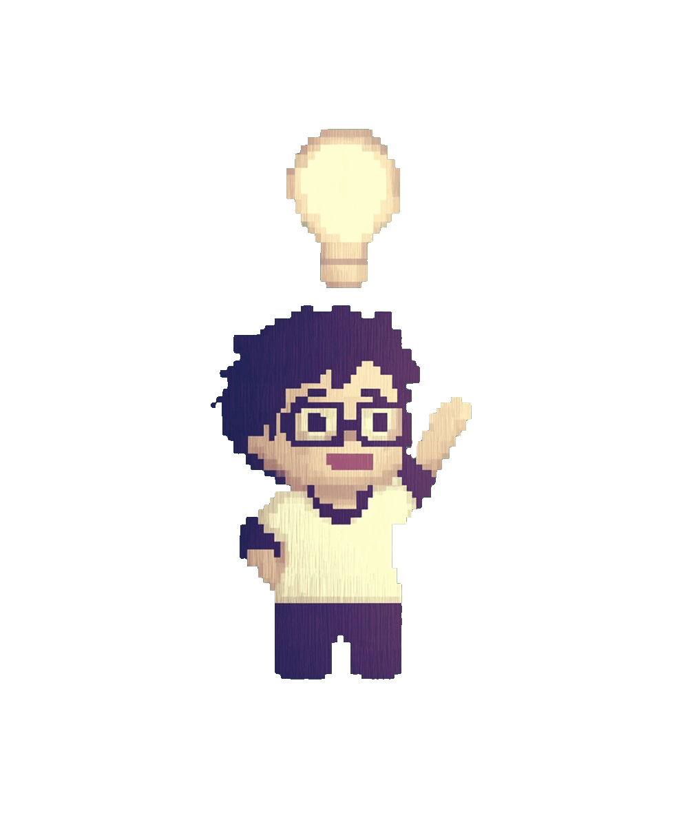 Our mascot: a pixel art character with glasses with a new idea to build solutions for Data & AI consultancies!
