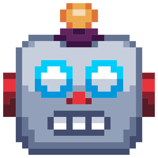 Pixel art depiction of a robot with blue eyes, red cheeks, and a purple button on its head to describe one of Superposition's services, our ability to educate your clients on the power of Data & AI tools through our workshops