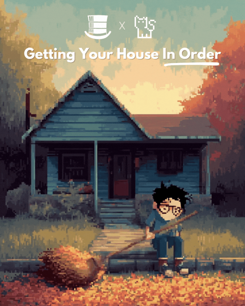 Pixel art illustration of a child raking fallen leaves in front of a blue house at sunset to showcase a recap of our project with Database Tycoon!
