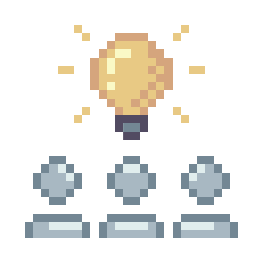 Pixelated group of people with a lightbulb above their head to describe one of Superposition's services, our ability to define and roll out new offerings for your consultancy through our workshops