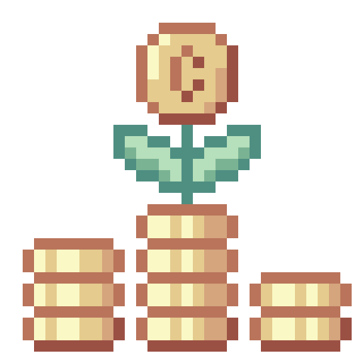 Pixelated image of a stack of coins, with a dollar sign in the background to describe one of Superposition's services, our ability to scope client projects and secure their buy-in through our workshops