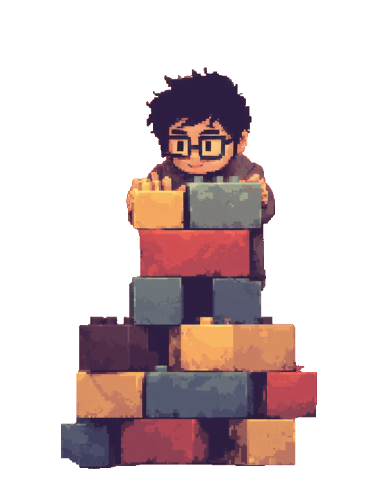 Pixel art of a person with glasses stacking colorful bricks to serve as the header for the services we provide to Data & AI consultancies in terms of helping them improve their internal operations and business strategy