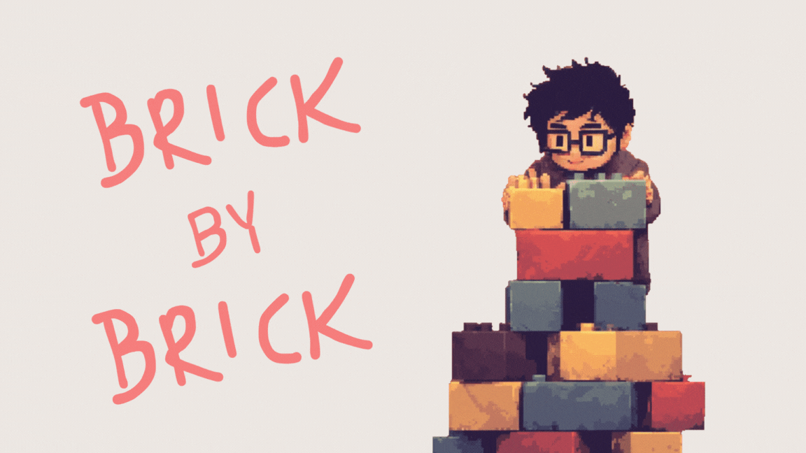 Pixel art of a person sitting on top of a stack of colorful building blocks, with the words 'Brick by Brick' written in pink on the left side to direct people to our YouTube channel and watch our series where we build Legos with our clients