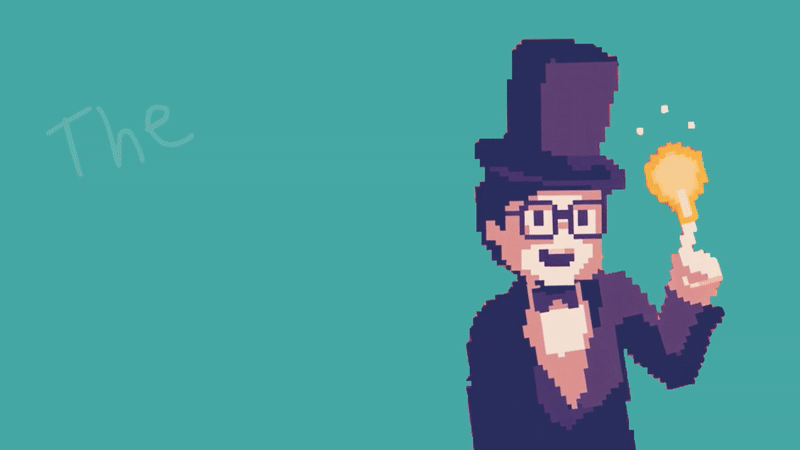 Pixel art character in a tuxedo and top hat holding a glowing object, with the word "The Superposition Game Show" written in light blue on a teal background to direct people to our YouTube channel.