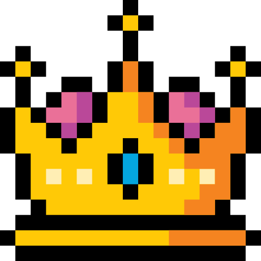 Pixel art crown with purple and pink accents, blue gem in the center, and a yellow band at the bottom to describe one of Superposition's services, our ability to define go-to-market and content strategies through our workshops