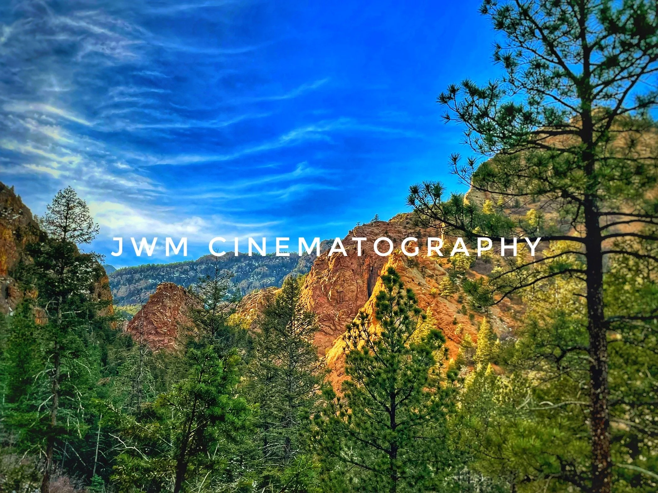 Mountainous landscape with pine trees under a blue sky.