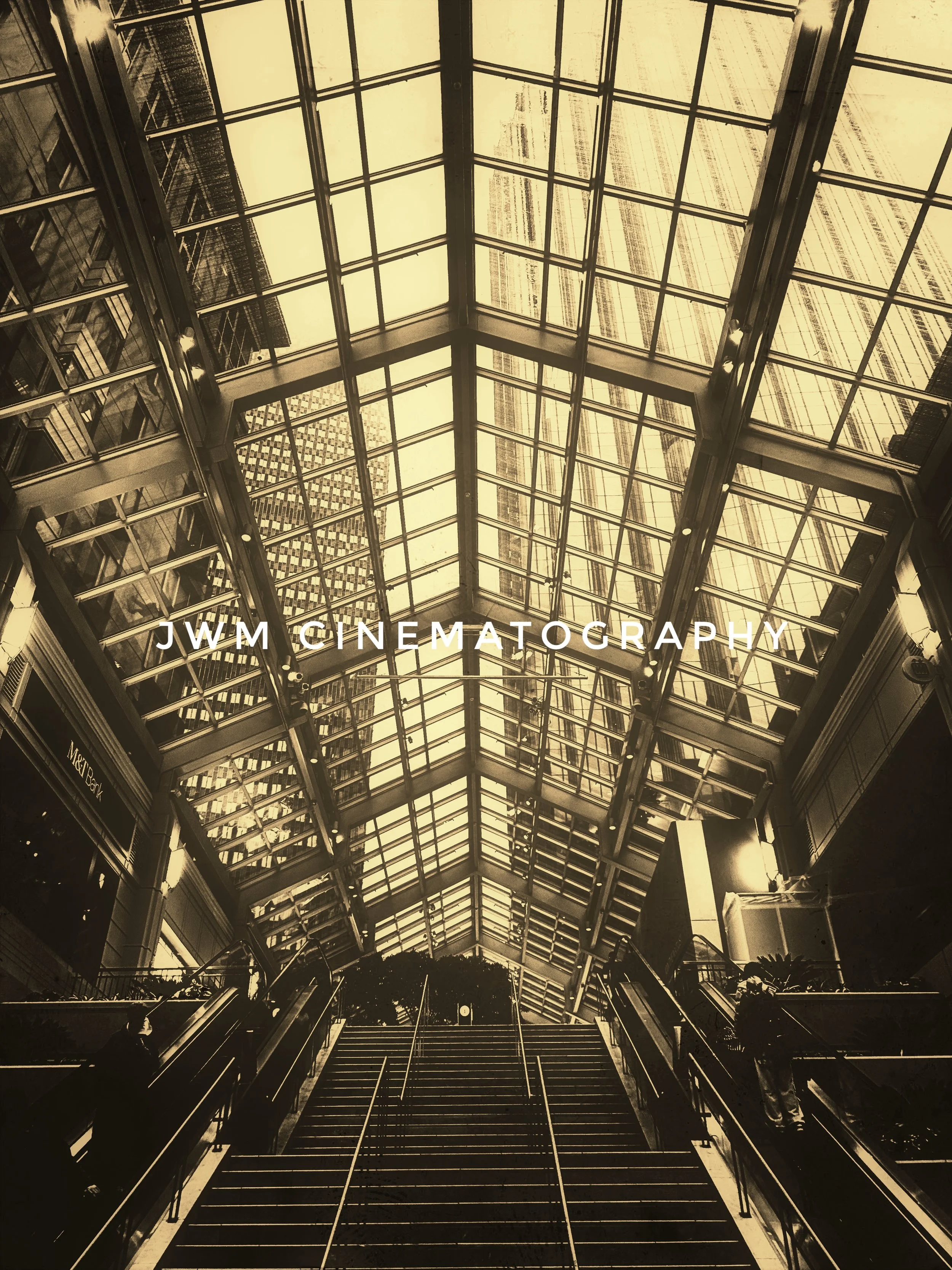 Glass-roofed urban atrium with an escalator and staircase, featuring buildings visible through the roof panels.