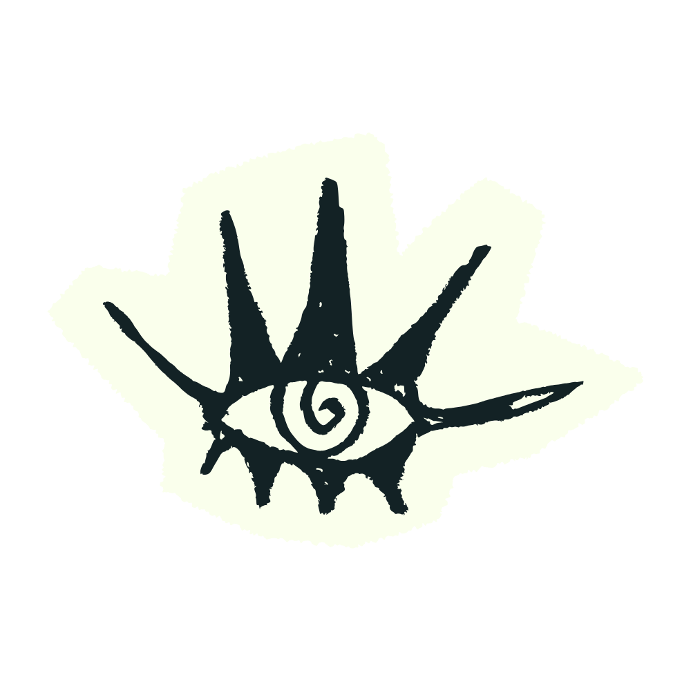 A black and white drawing of a stylized eye with a spiral in the center, surrounded by sharp, irregular shapes resembling a star or rays.