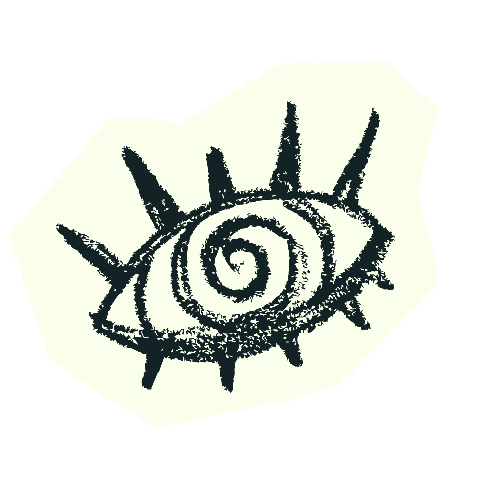 A stylized drawing of an eye with a spiral on the iris and radiating lines around it, on a piece of paper with rough edges.