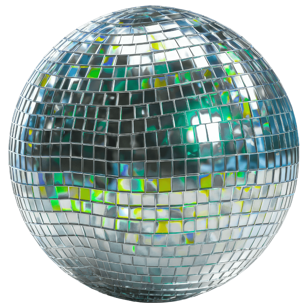 A shiny disco ball with mirrored tiles reflecting colorful light.