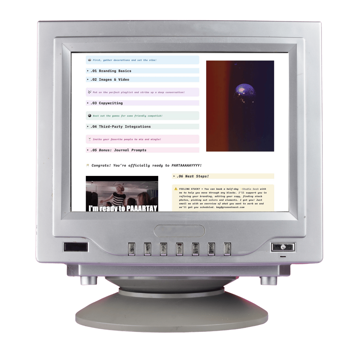 An old silver computer monitor displaying a webpage about branding and social media, with colorful text sections, a small photo of people in a dance studio, and a dark image with a disco ball.