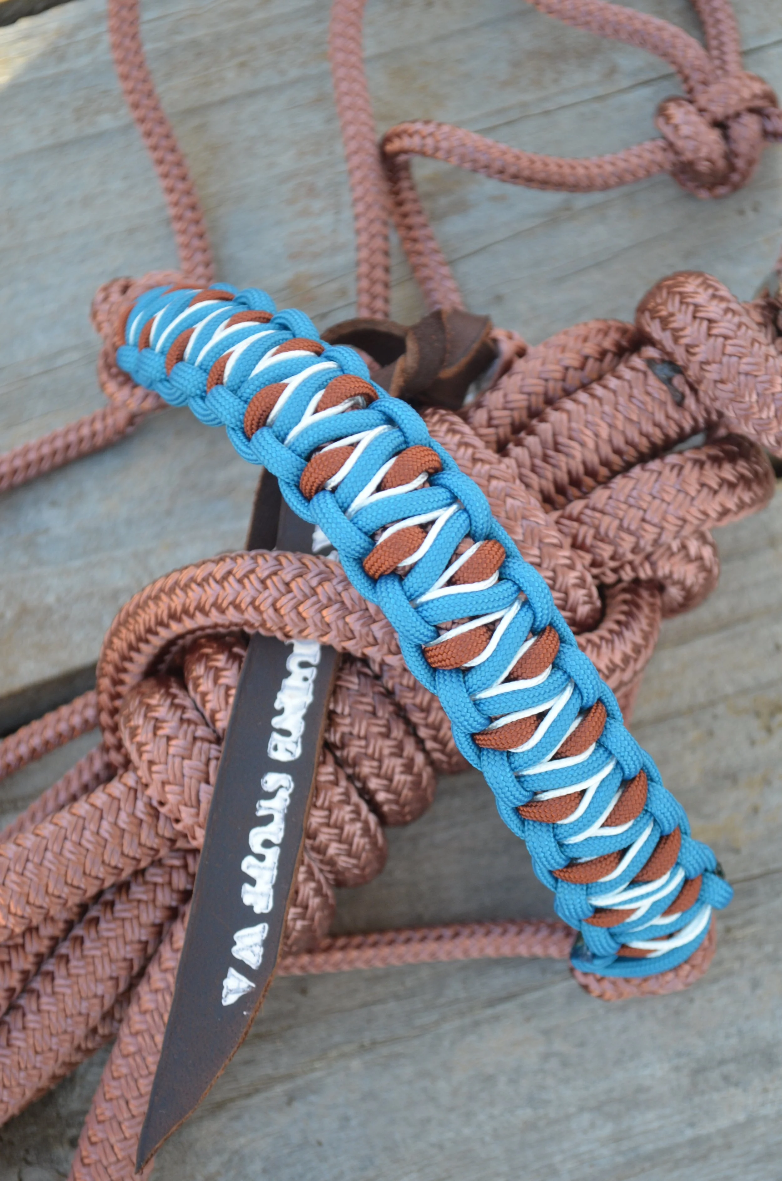 American brown rope halter with snake braid noseband (aqua)