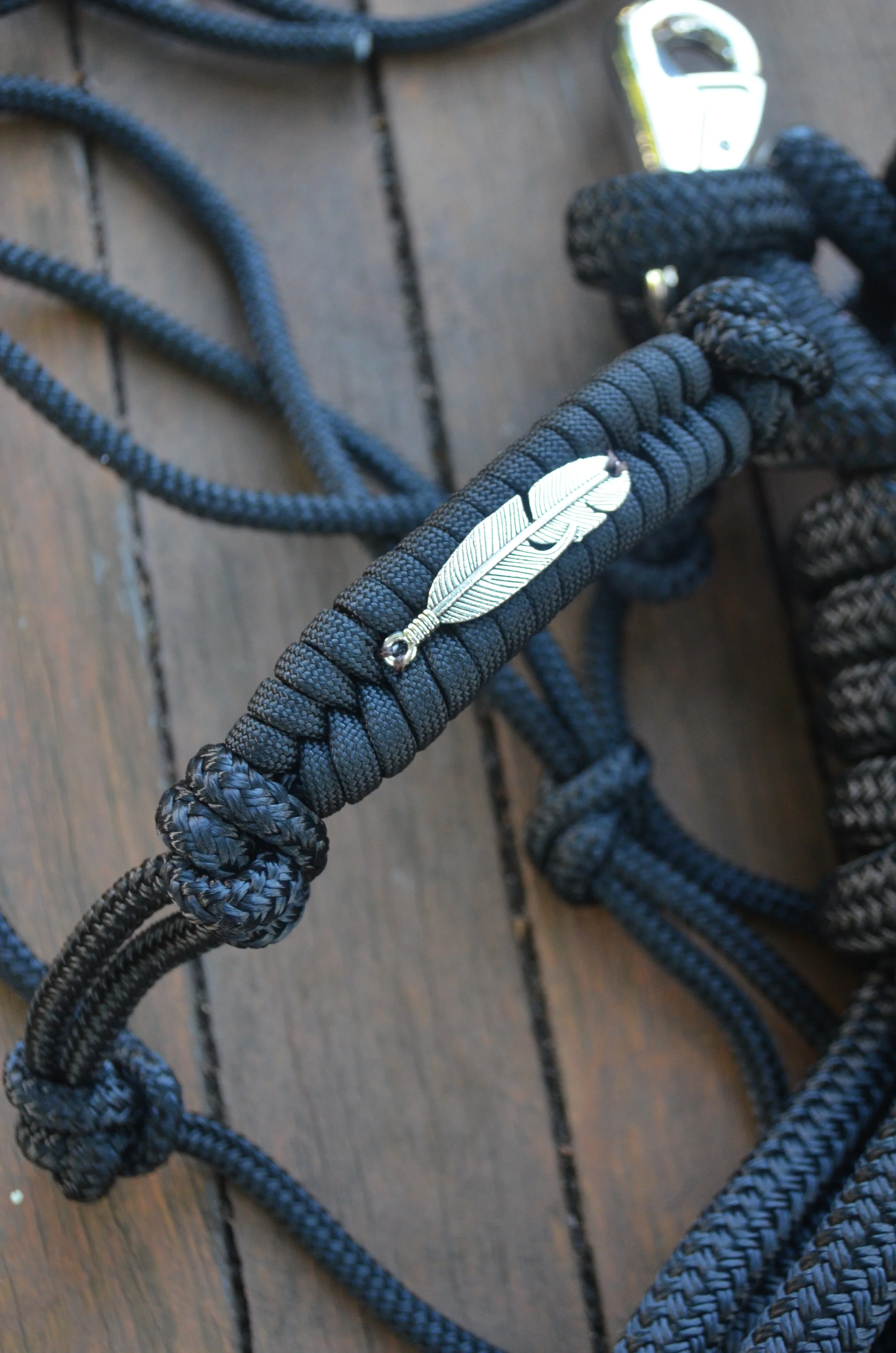 Black 4 knot rope halter with embroidered noseband (feather charm)