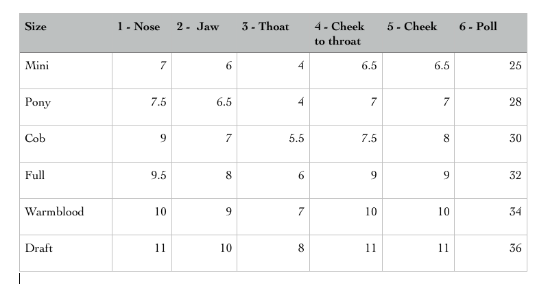 A size chart for horse bits with measurements in millimeters across different bit styles including Mini, Pony, Cob, Full, Warmblood, and Draft, listing dimensions for nose, jaw, throat, cheek to throat, cheek, and poll.