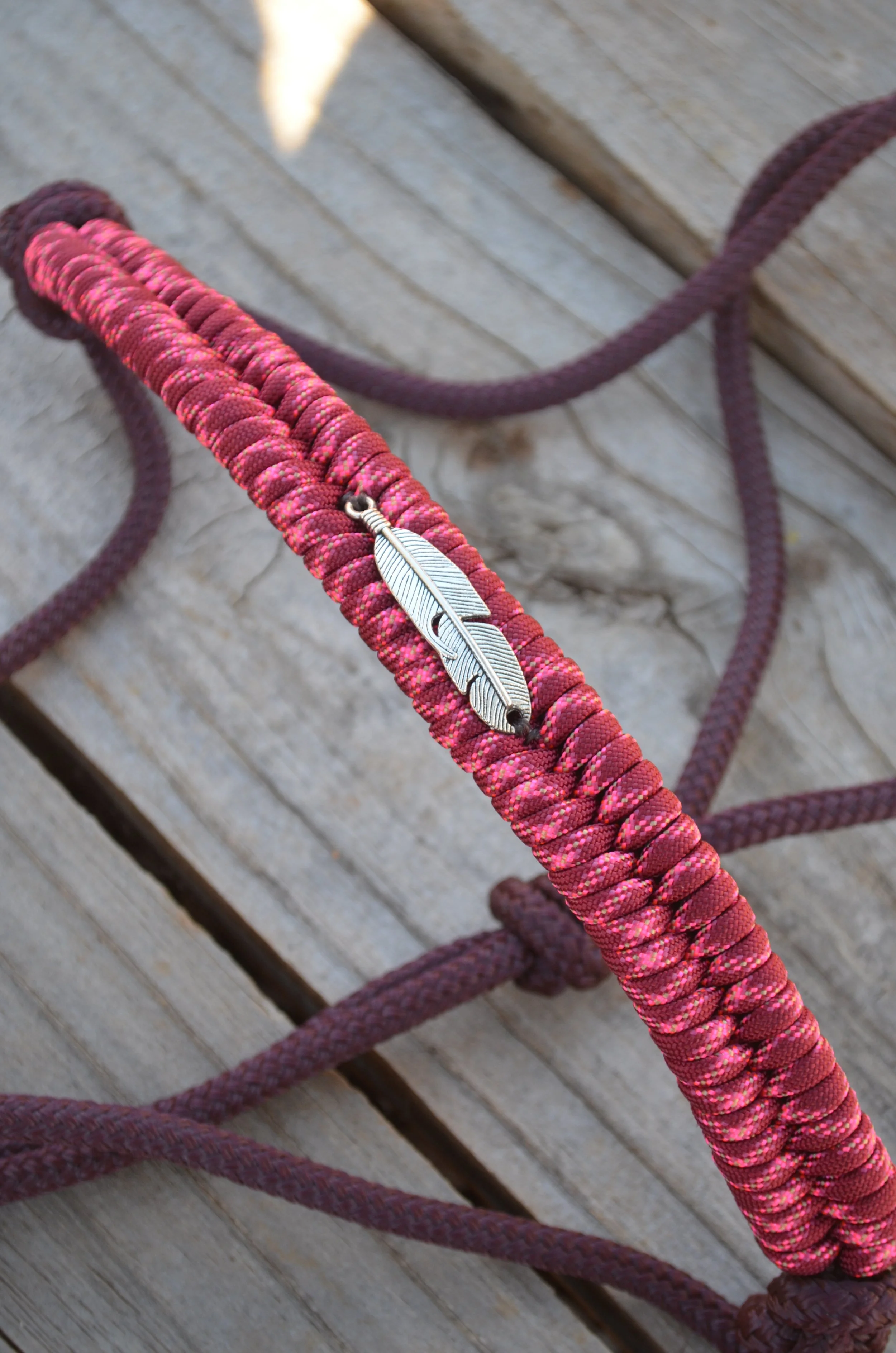 Burgundiva rope halter with embroidered noseband (feather charm)