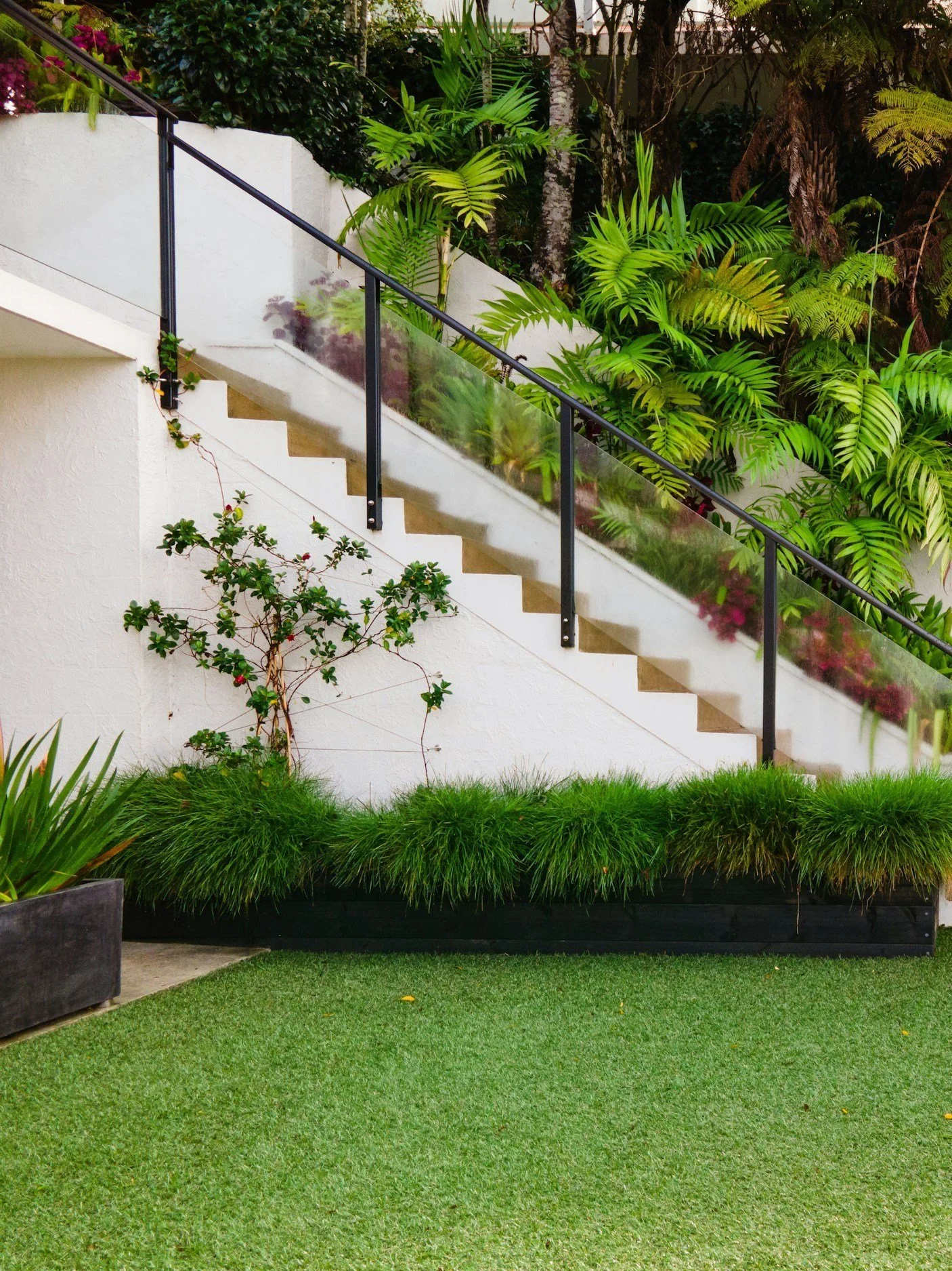 Outdoor staircase with glass railing and lush greenery surroundings