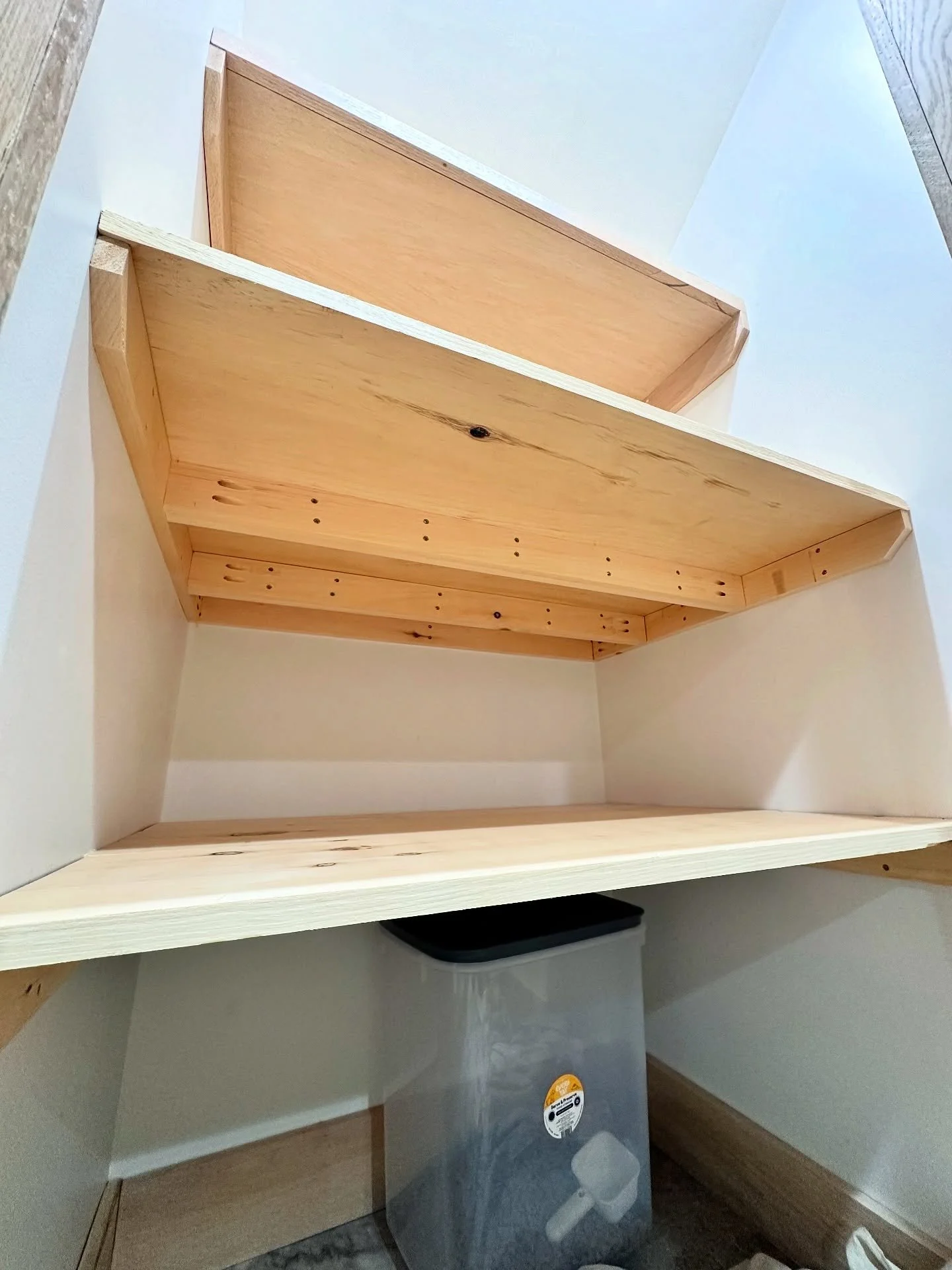 Reworking a storage closet for more spacious and functional shelving. It's incredible what simple lumber, support, and spacing can achieve.
