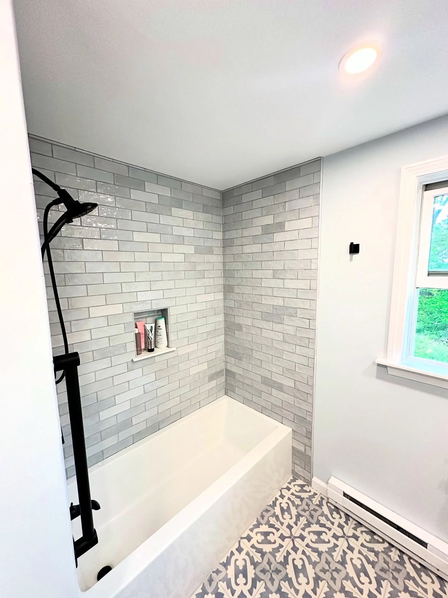 When in doubt, tape the grout! 
.
This beautiful, newly renovated bathroom deserved a full paint job with fresh clean lines! Ceiling, trim, doors, and walls&hellip;.We were a big fan of the color choices to match the beautiful tile and features, maki
