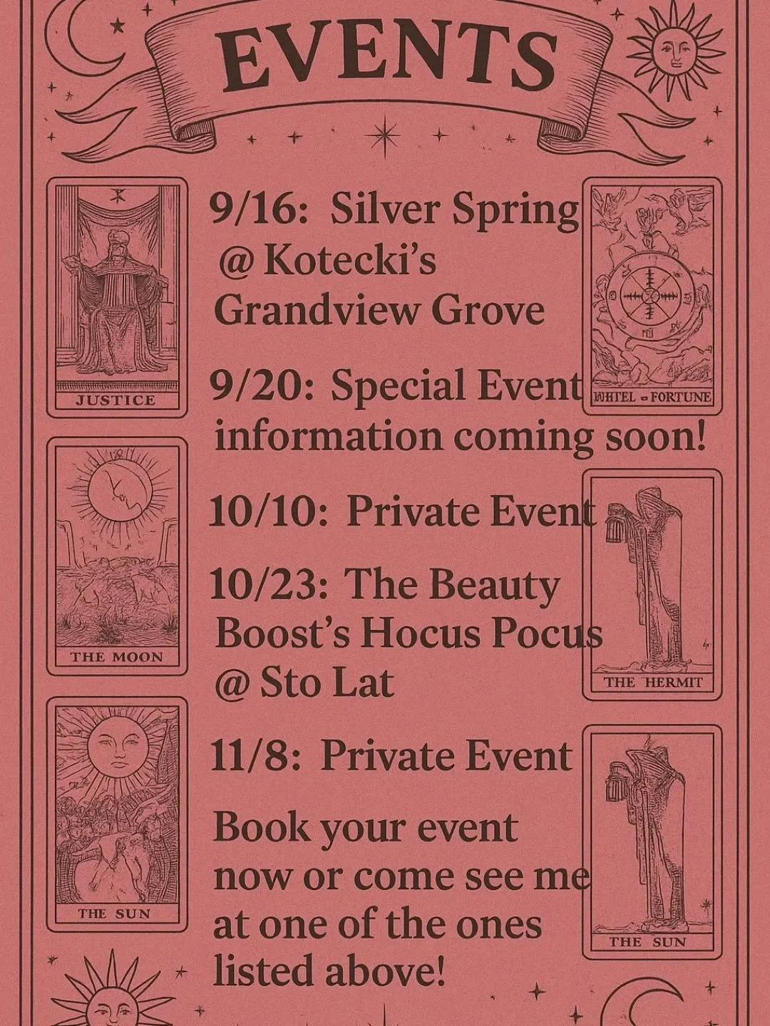 ✨Make sure to check out the upcoming events and stay tuned for more fun and excitement! ✨️
If you’re looking to book me for an event this spooky season, don’t wait 👻—my calendar is filling up fast. Get on my books before I am all