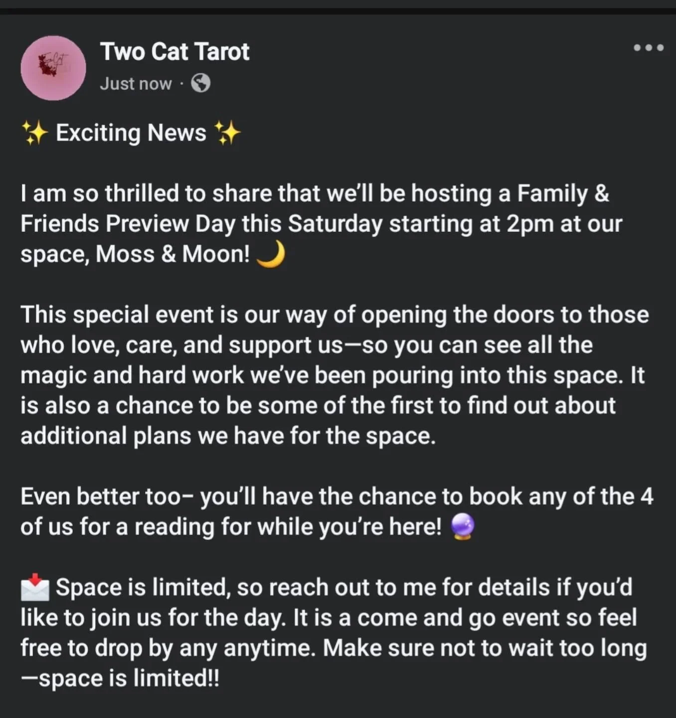 ✨ Family & Friends Preview ✨
This Saturday | 2–6pm | @ Moss & Moon 🌙
#TarotCommunity #tarotreadersofinstagram #Tarotreading #IntuitiveReadings #intuitive #Buffalowitch #witchy