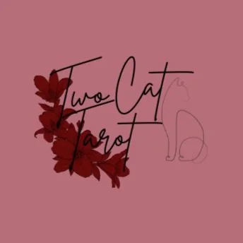Pink background with dark red leaves, black handwritten text reading 'Two Cats Are' and a faint outline of a sitting cat.