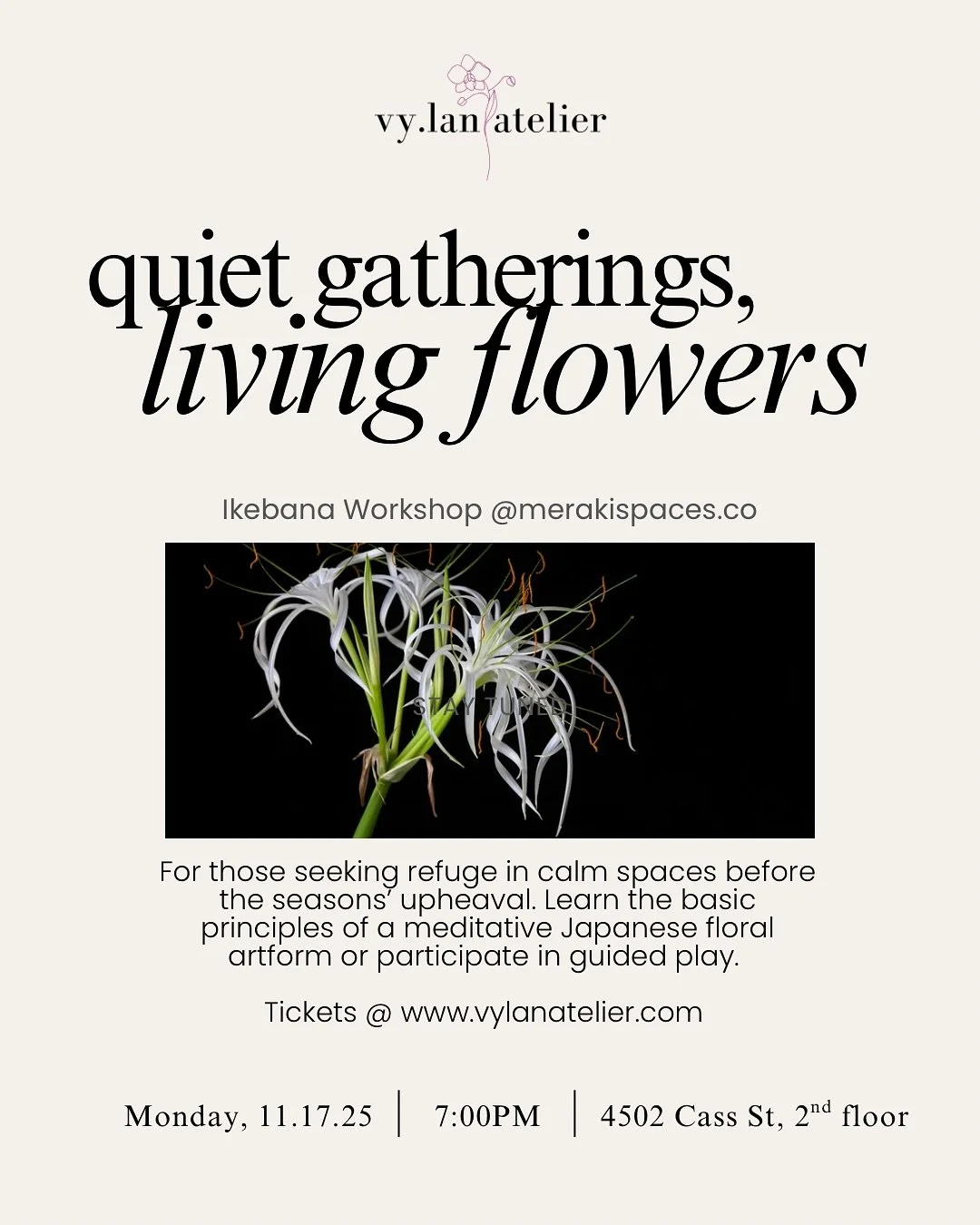 monday, 11.17.25
wanted to plan something soothing to brace ourselves for the holidays, so we're back at it @merakispaces.co 💐❤️
tickets are linked in my bio / www.vylanatelier.com