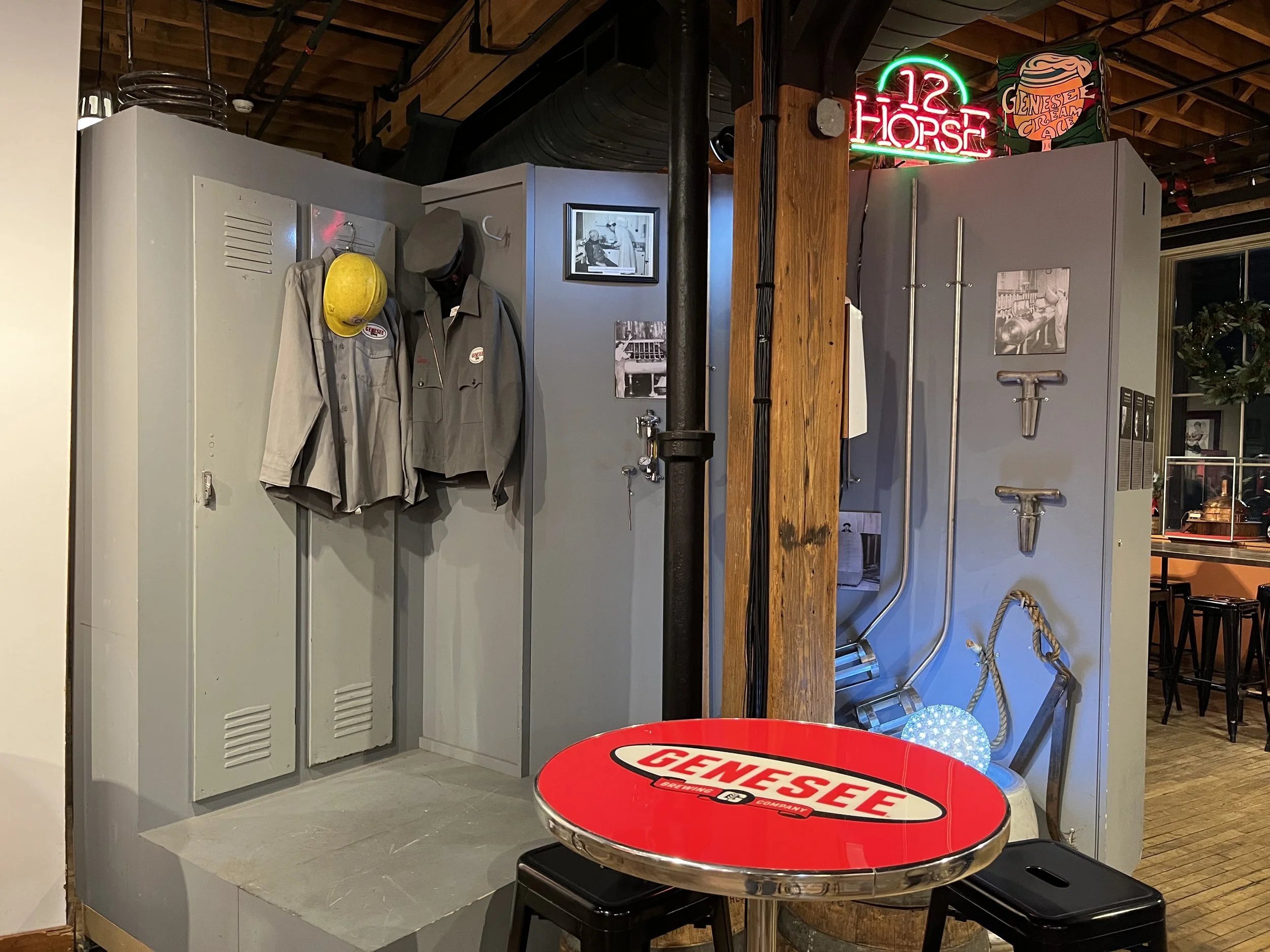 Genesee Brew House History Display of taps and old uniforms Rochester, NY