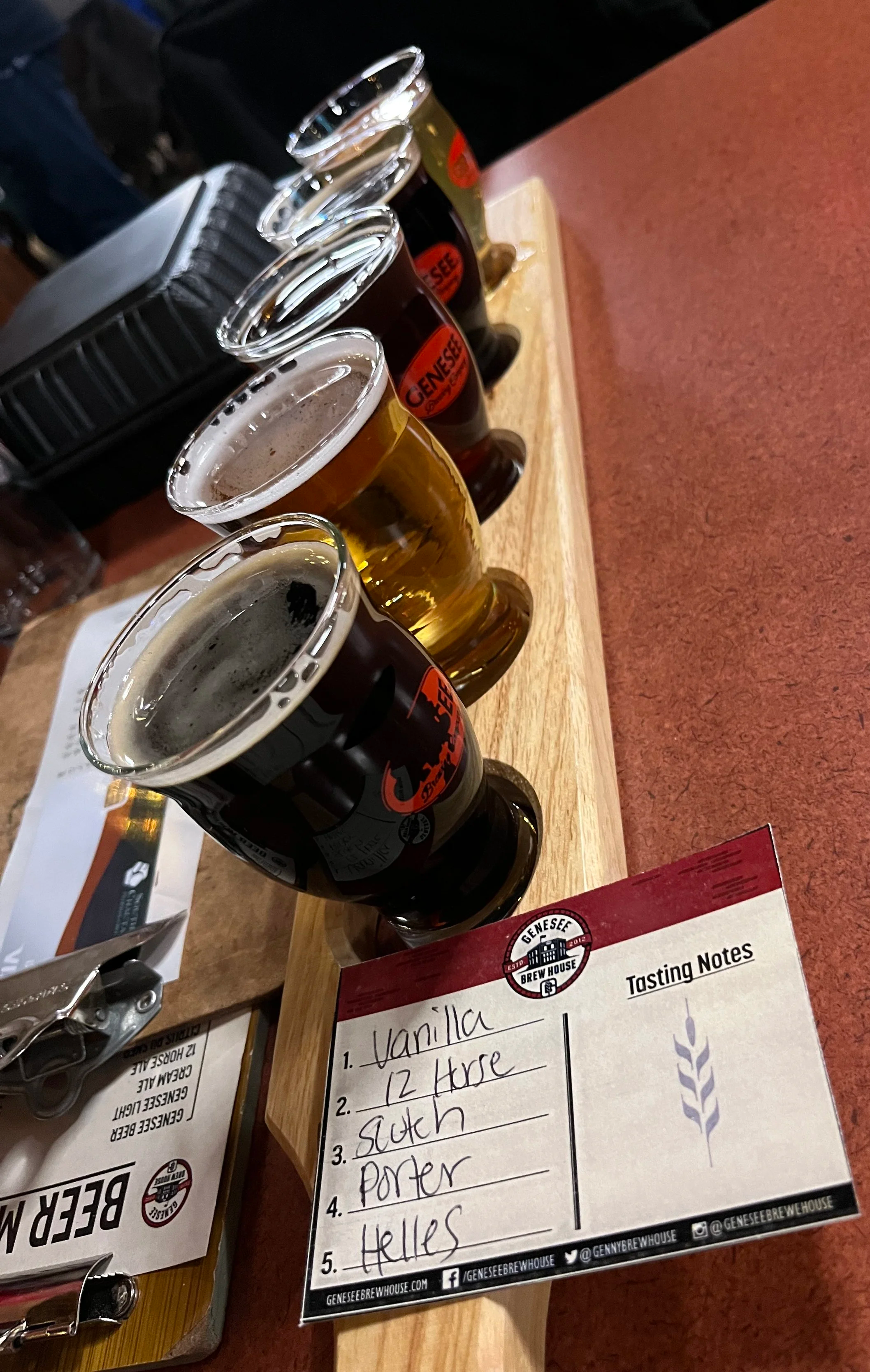 Genesee Brew House Beer Flight, Five 5oz draft poured beers Rochester, NY