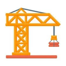 A construction crane with an orange lattice structure, a horizontal arm, and a hanging bucket used for lifting materials.