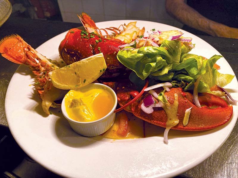 Lobster tail with lemon wedge, salad greens, lobster claw, and dipping sauce on a white plate.