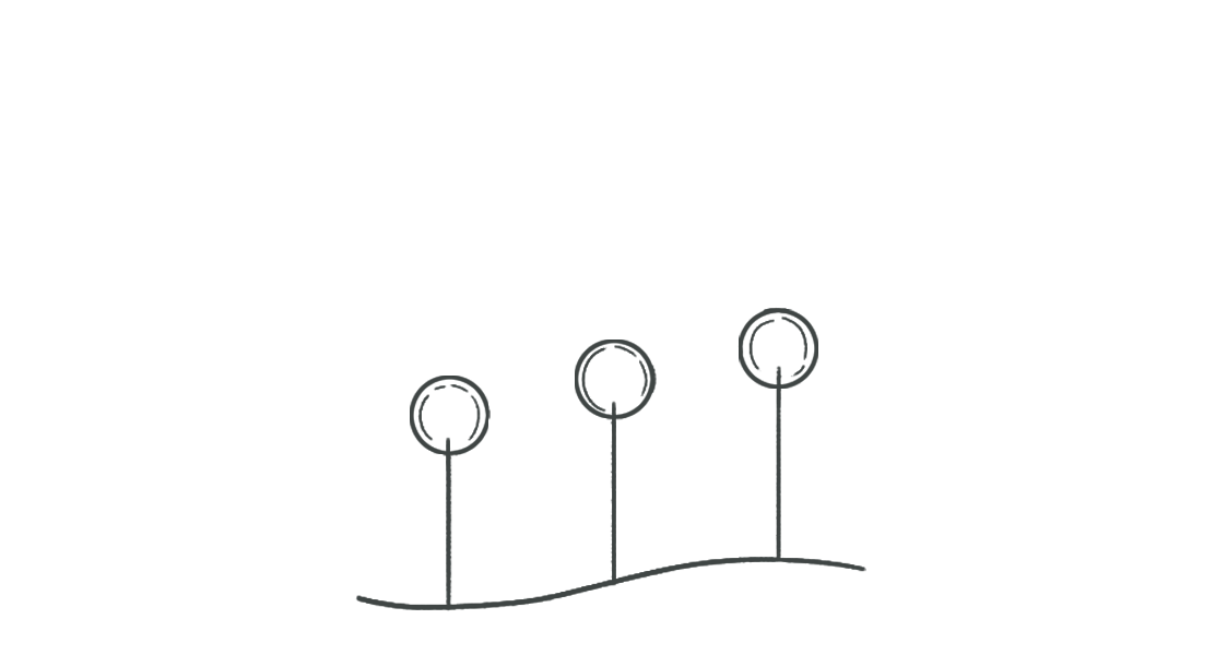 Line drawing of three trees along a curved ground line.